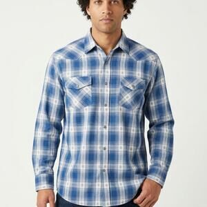 Red Head Ranch Western Blue Plaid Button-Up Shirt Men See Measurements